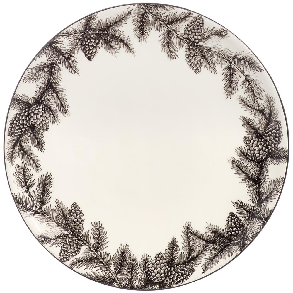 Round plate with black pine branch and pine cone design on a white background
