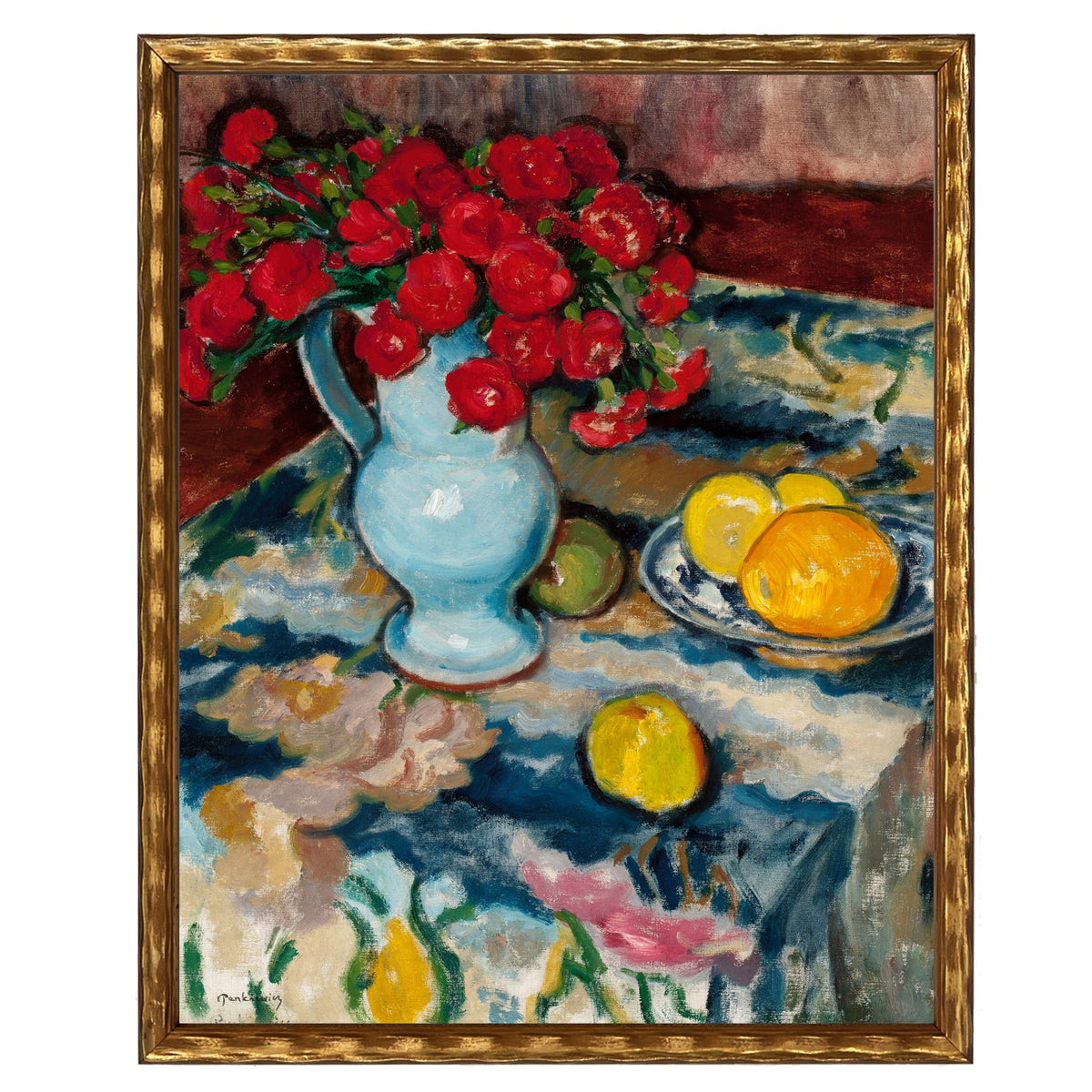 An art print of Still Life With Blue Vase by Józef Pankiewicz, featuring a blue vase with red flowers and various fruits on a brightly colored tablecloth.