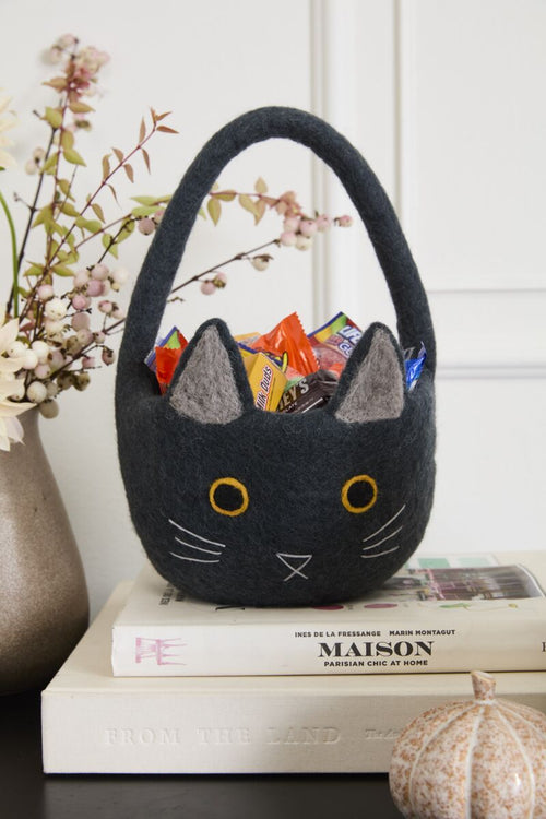Black cat-shaped felt basket with colorful treats on top of books, against a white wall.
