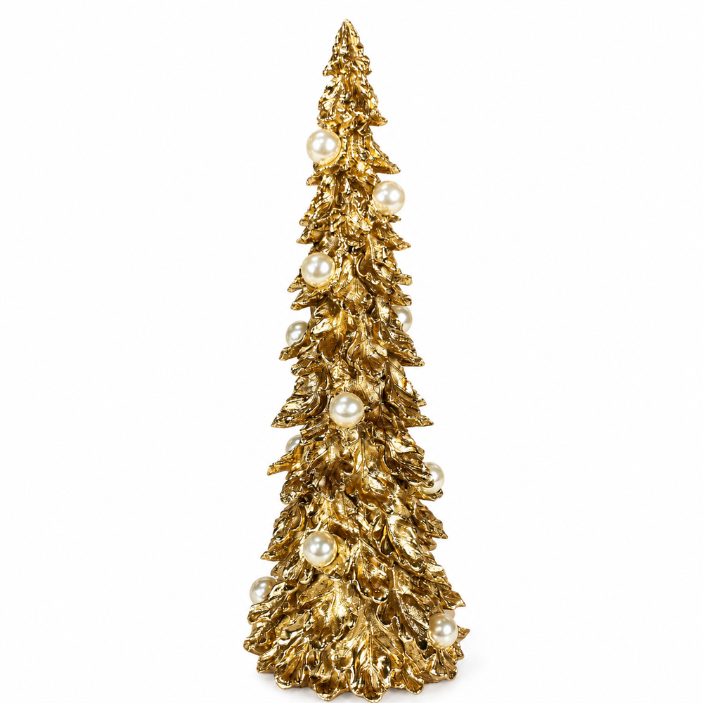 A miniature gold Christmas tree with textured pine needles and decorative white faux-pearl ornaments, shown on a solid white background.