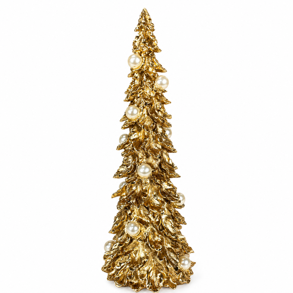 A miniature gold Christmas tree with textured pine needles and decorative white faux-pearl ornaments, shown on a solid white background.