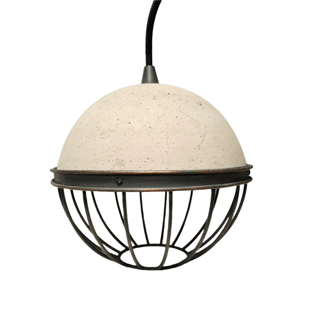 Pendant light with concrete shade and metal cage on a neutral background