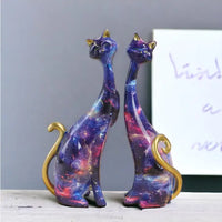 Resin Hand-Painted Galaxy Graffiti Mid-Century Cat Statue S/2