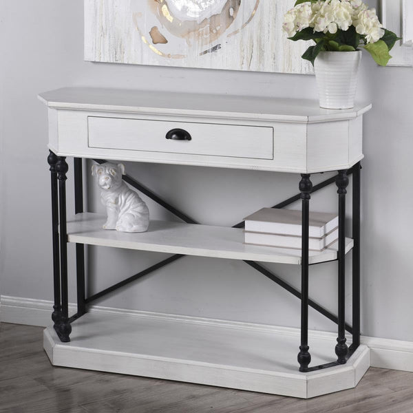 White 3-Tier Single Drawer Clipped Corner Console Table