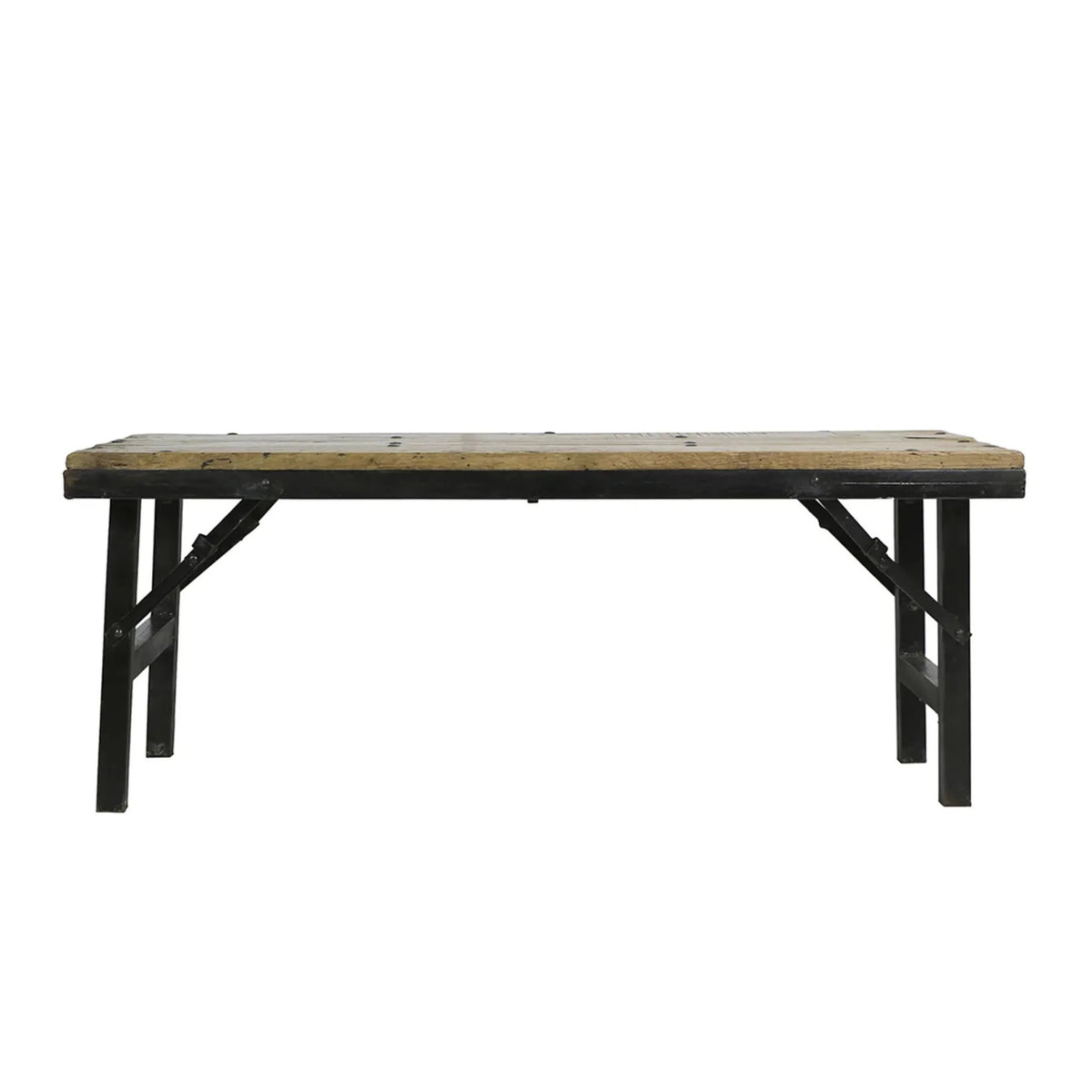 Wooden table with black metal legs on a white background