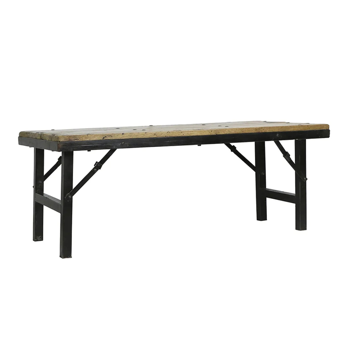 Wooden table with black metal frame on a white background