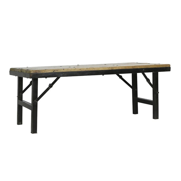 Wooden table with black metal frame on a white background