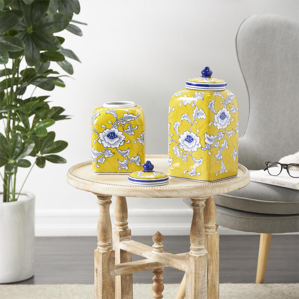 Set of 2 Ceramic Yellow Floral Decorative Jars