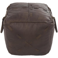 Brown Leather Floor Pouf w/ Woven Straps & Handles