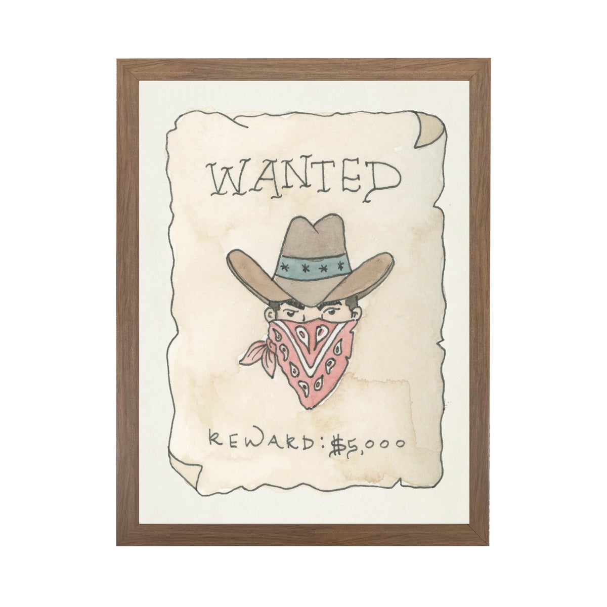 Framed Watercolor "Wanted" Boy Poster Wall Art