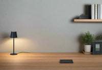 Black table lamp on a wooden desk with a plant and books in the background.