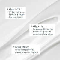 A close-up of white cream with three text callouts reading '+ Goat Milk', '+ Glycerin', and '+ Shea Butter' describing moisturizing benefits on a white background.