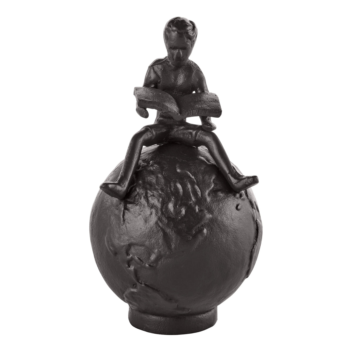 Brown Cast Iron Boy Reading on Globe Sculpture | Danya B.