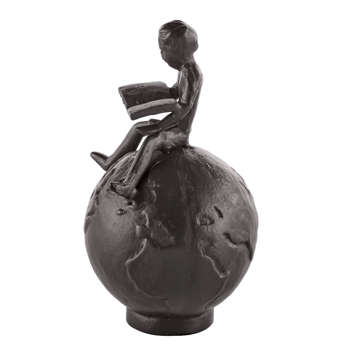 Brown Cast Iron Boy Reading on Globe Sculpture | Danya B.