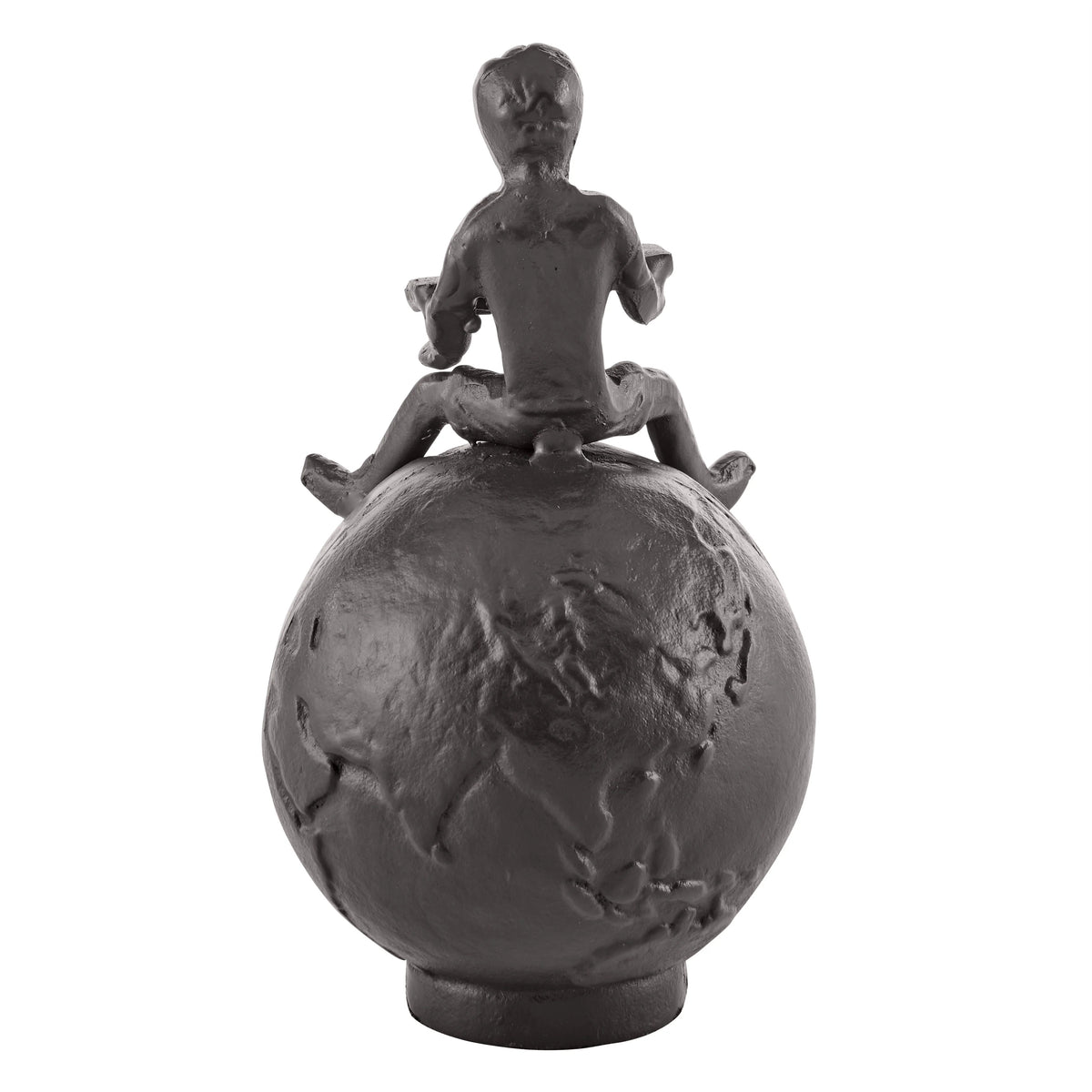 Brown Cast Iron Boy Reading on Globe Sculpture | Danya B.