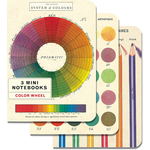 Set of three mini notebooks with a color wheel design on a white background