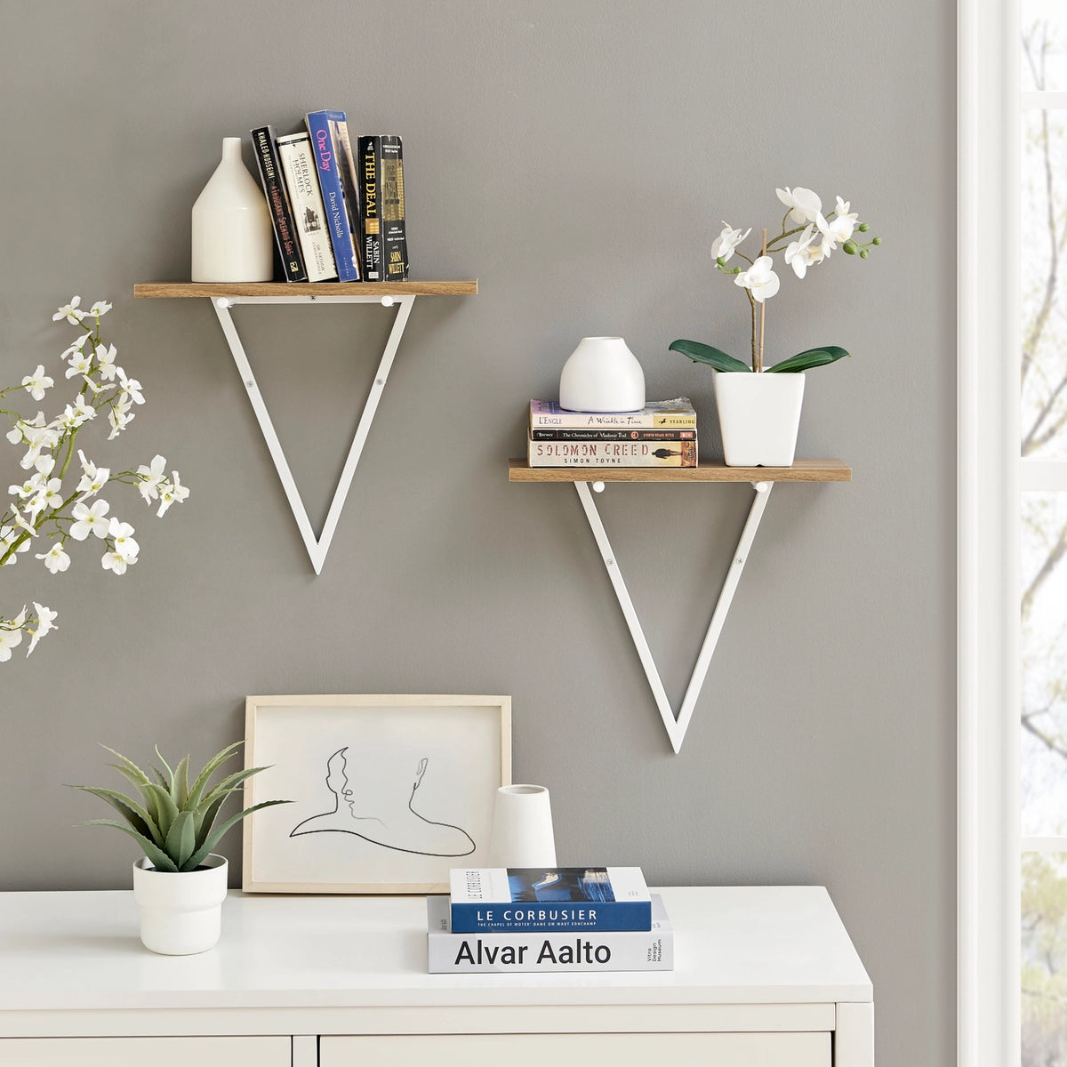 Contemporary Decorative Triangle Accent Metal Frame Wall Shelf - White | Danya B.
