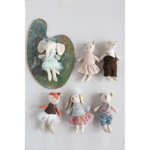 Set of small stuffed animals including an elephant, cat, dog, fox, rabbit, and bear on a white background.