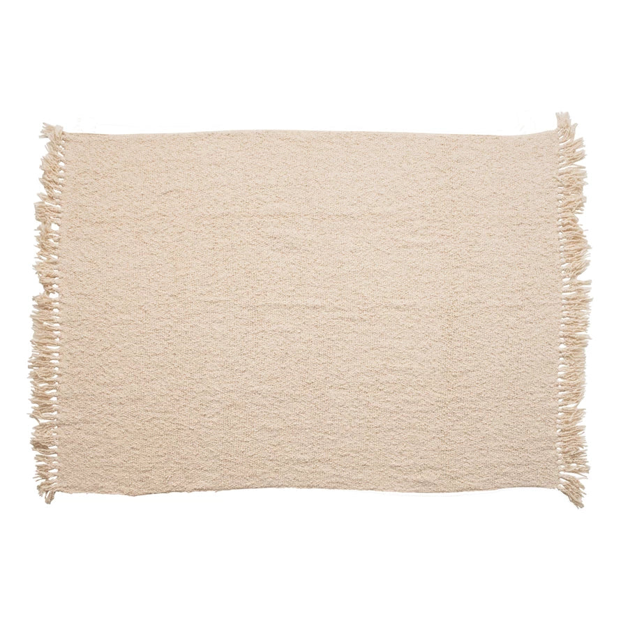 Cream Cotton Blend Boucle Throw Blanket w/ Fringe
