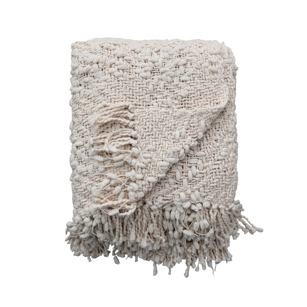 Woven Cotton Blend Cable Knit Throw Blanket w/ Fringe