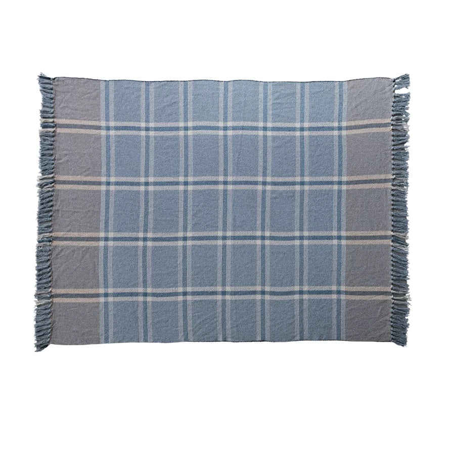 Blue & Grey Plaid Recycled Cotton Blend Woven Throw with Fringe