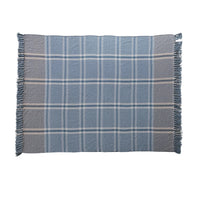 Blue & Grey Plaid Recycled Cotton Blend Woven Throw with Fringe