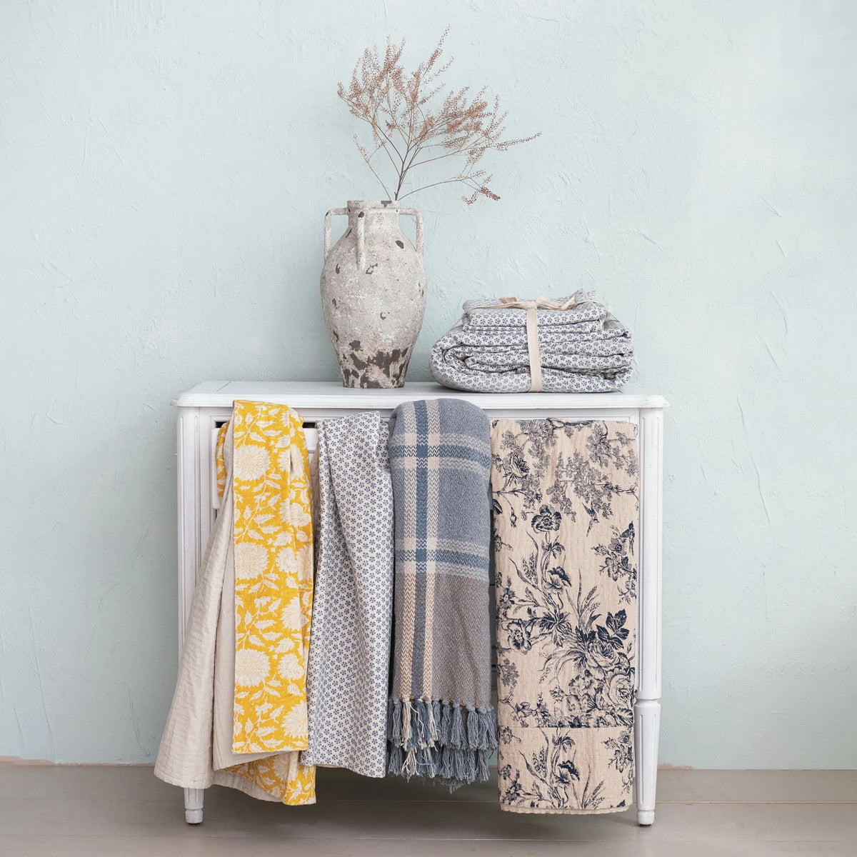 Blue & Grey Plaid Recycled Cotton Blend Woven Throw with Fringe