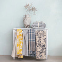 Blue & Grey Plaid Recycled Cotton Blend Woven Throw with Fringe