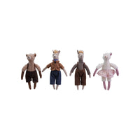 A collection of four plushie toys shaped like llamas, bears, and sheep, each dressed in different outfits, placed against a white background.
