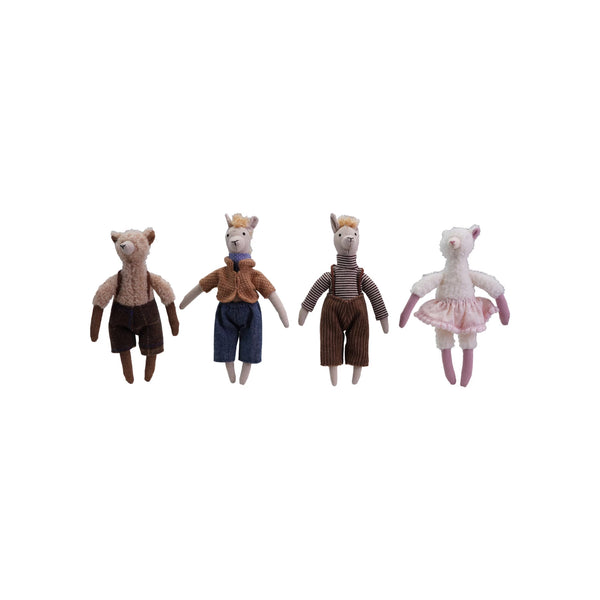 A collection of four plushie toys shaped like llamas, bears, and sheep, each dressed in different outfits, placed against a white background.