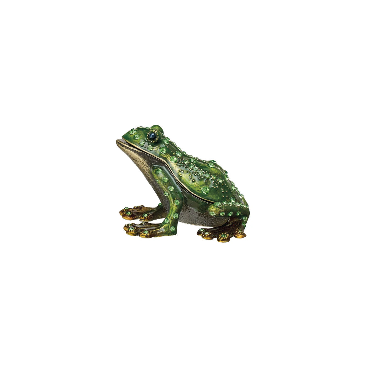 A small decorative frog figurine in bright green with darker green shading, gold-toned claws, and a blue eye, shown on a plain white background.