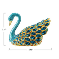 Decorative swan figurine with blue and gold details, shown with dimensions on a white background.
