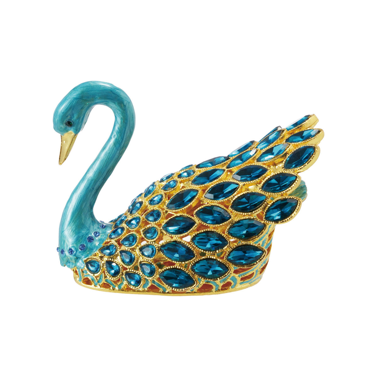 Decorative swan figurine with blue and gold details on a white background