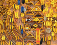 Close up of quilled greeting card resembling Klimt's 'Lady in Gold'