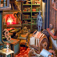 Detailed model of a room with bookshelves, a fireplace, and mechanical elements.