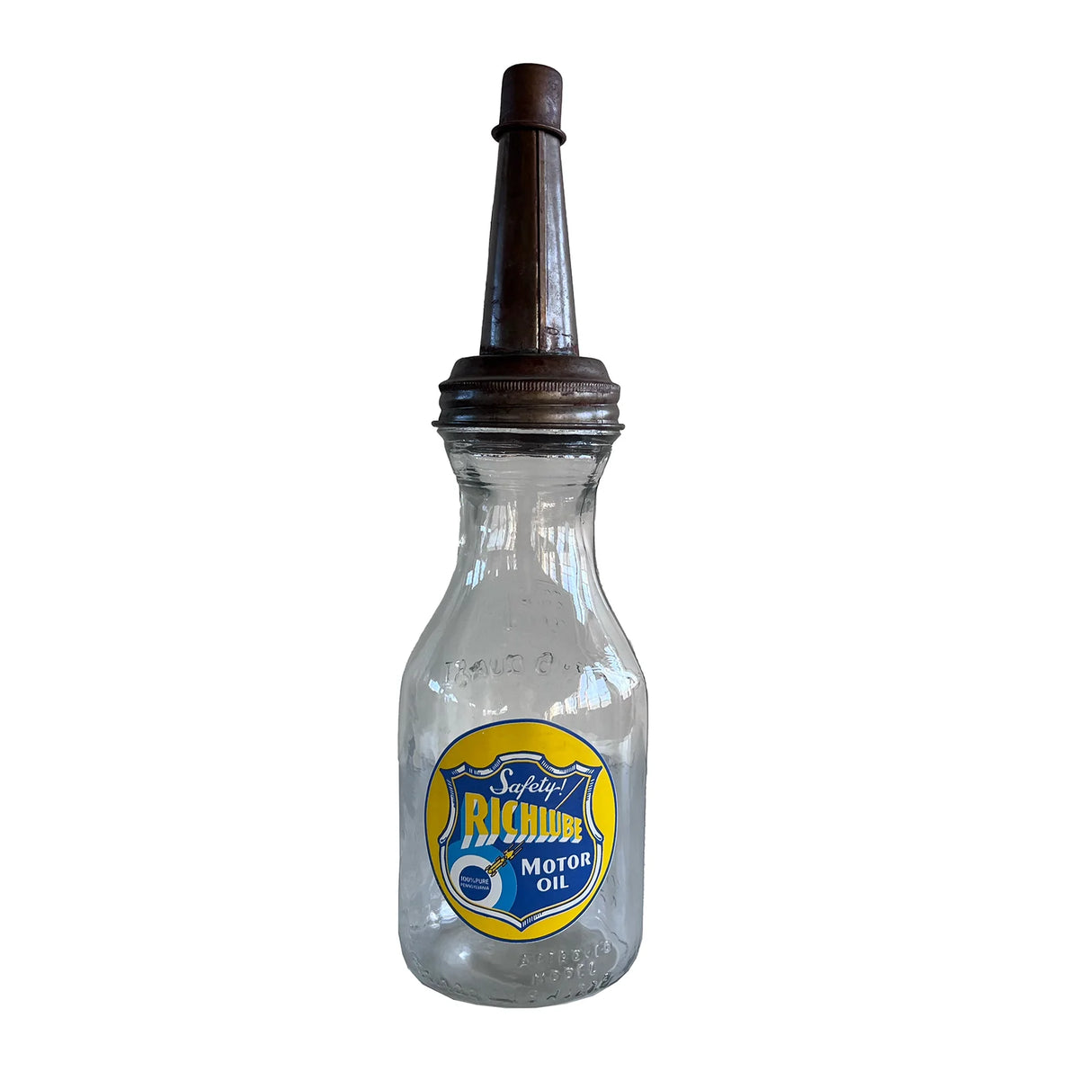 Vintage-style motor oil bottle with a label on a white background