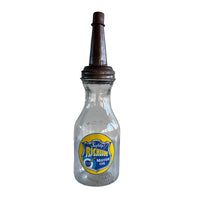 Vintage-style motor oil bottle with a label on a white background