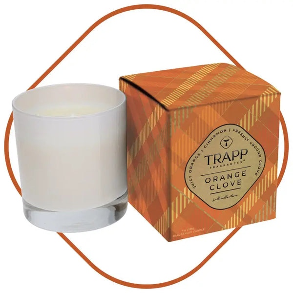 Trapp Orange Clove candle in a decorative box with an orange handle on a white background