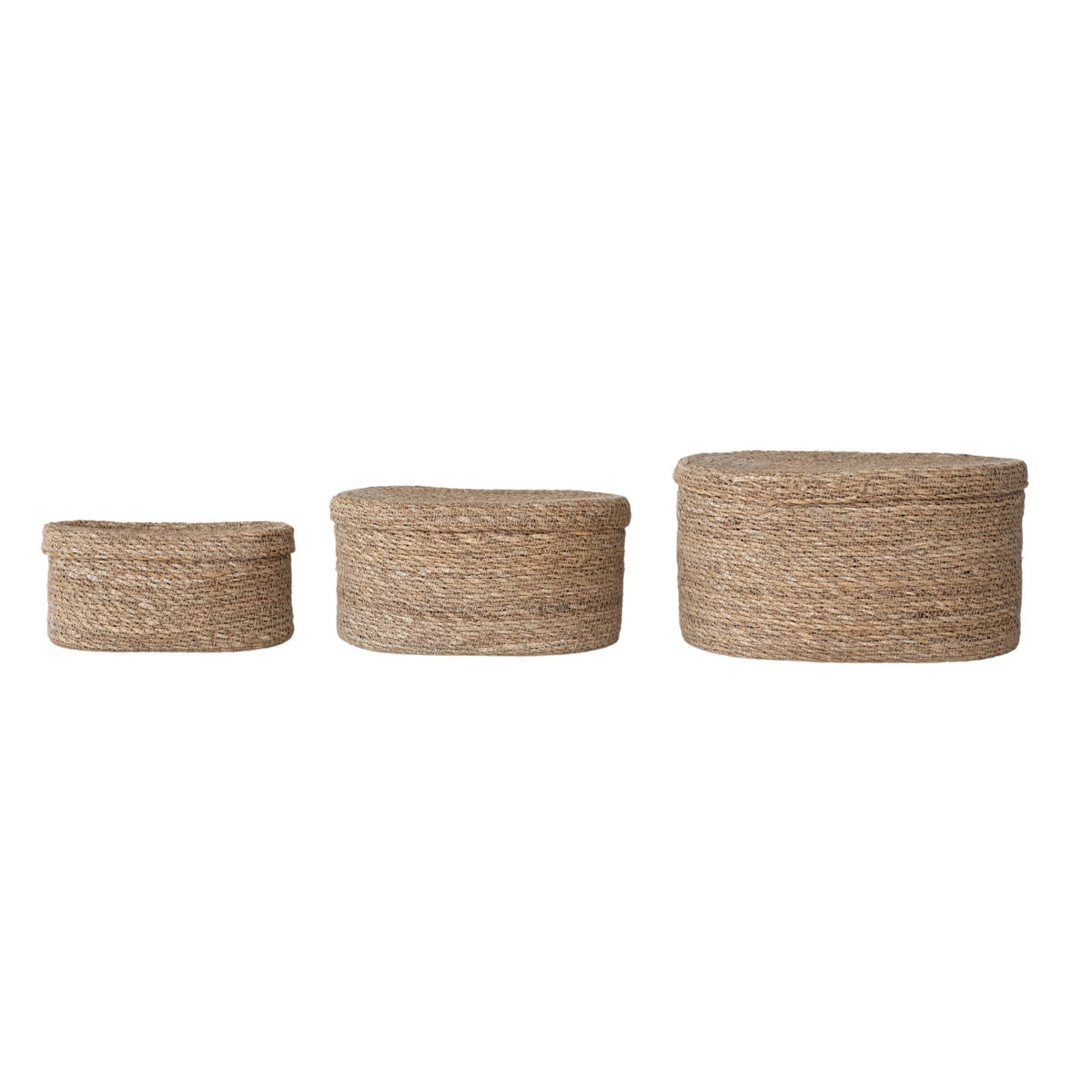 Three woven baskets of different sizes on a white background
