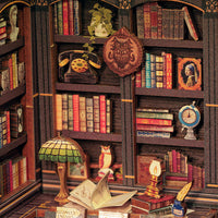 Miniature bookshelf with books, decorative items, and a lamp.
