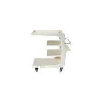 White rolling cart with shelves on a white background