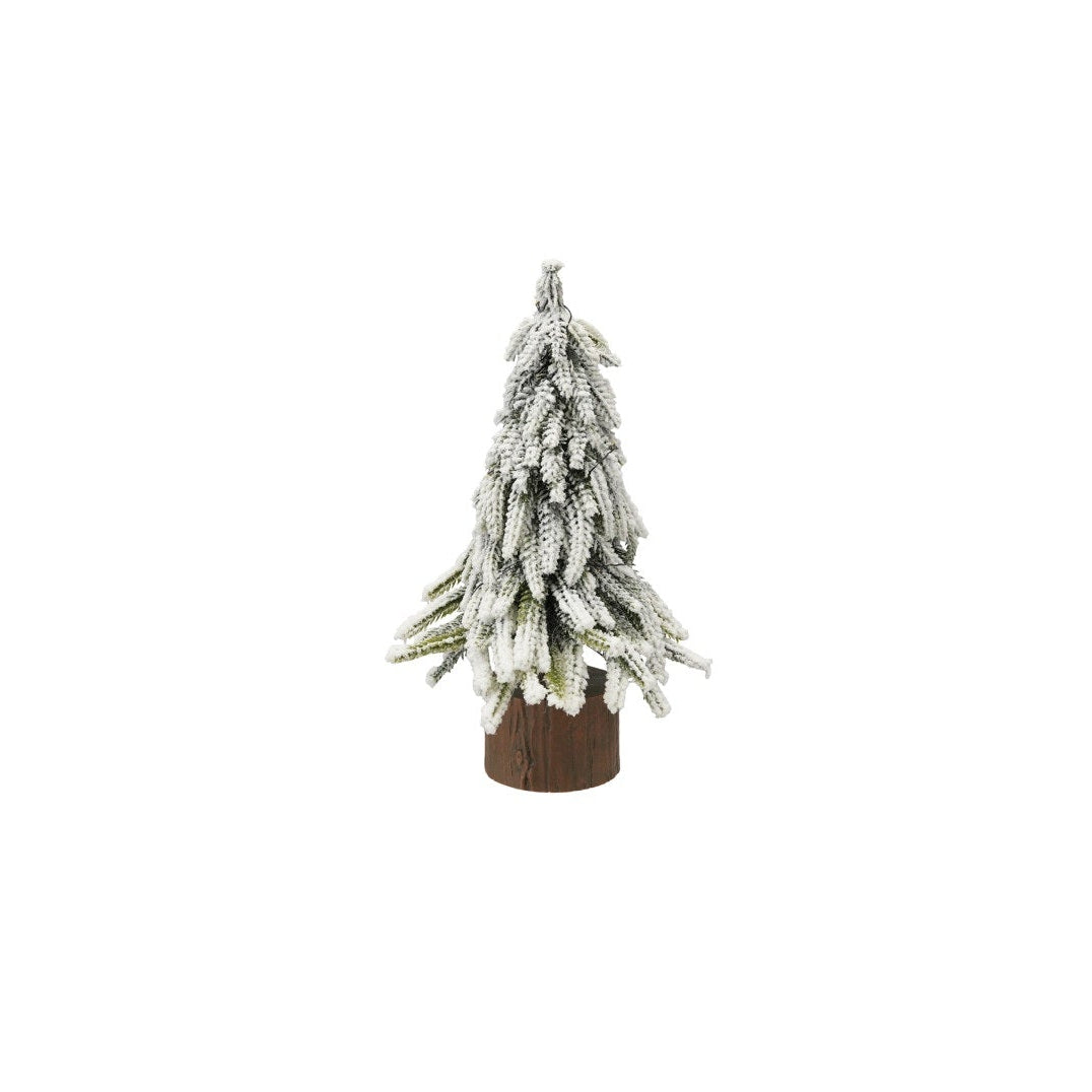 Plastic Snowy Tree with Faux Wood Slice Base & LED Lights