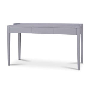 A gray rectangular desk with three drawers on a white background.