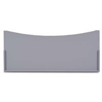A top down view of a gray rectangular desk on a white background.