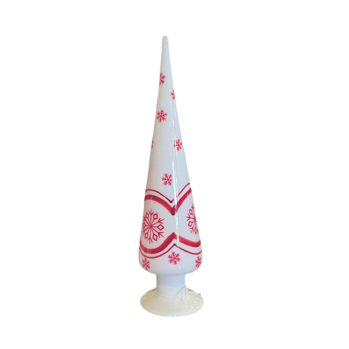 Decorative cone with red snowflake pattern on a white background