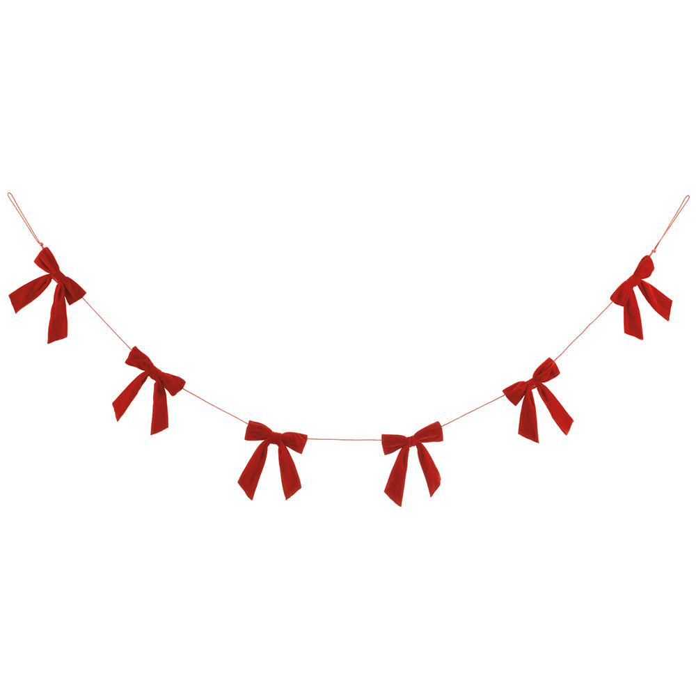 A festive red ribbon bow garland strung along a thin cord, displayed against a solid white background.