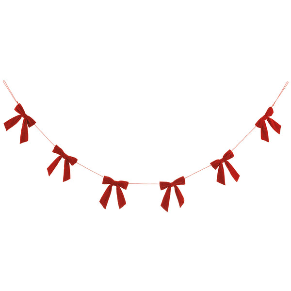 A festive red ribbon bow garland strung along a thin cord, displayed against a solid white background.
