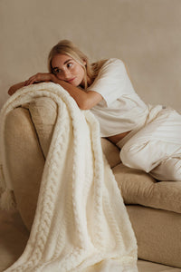 Off White Braided Pom Pom Throw