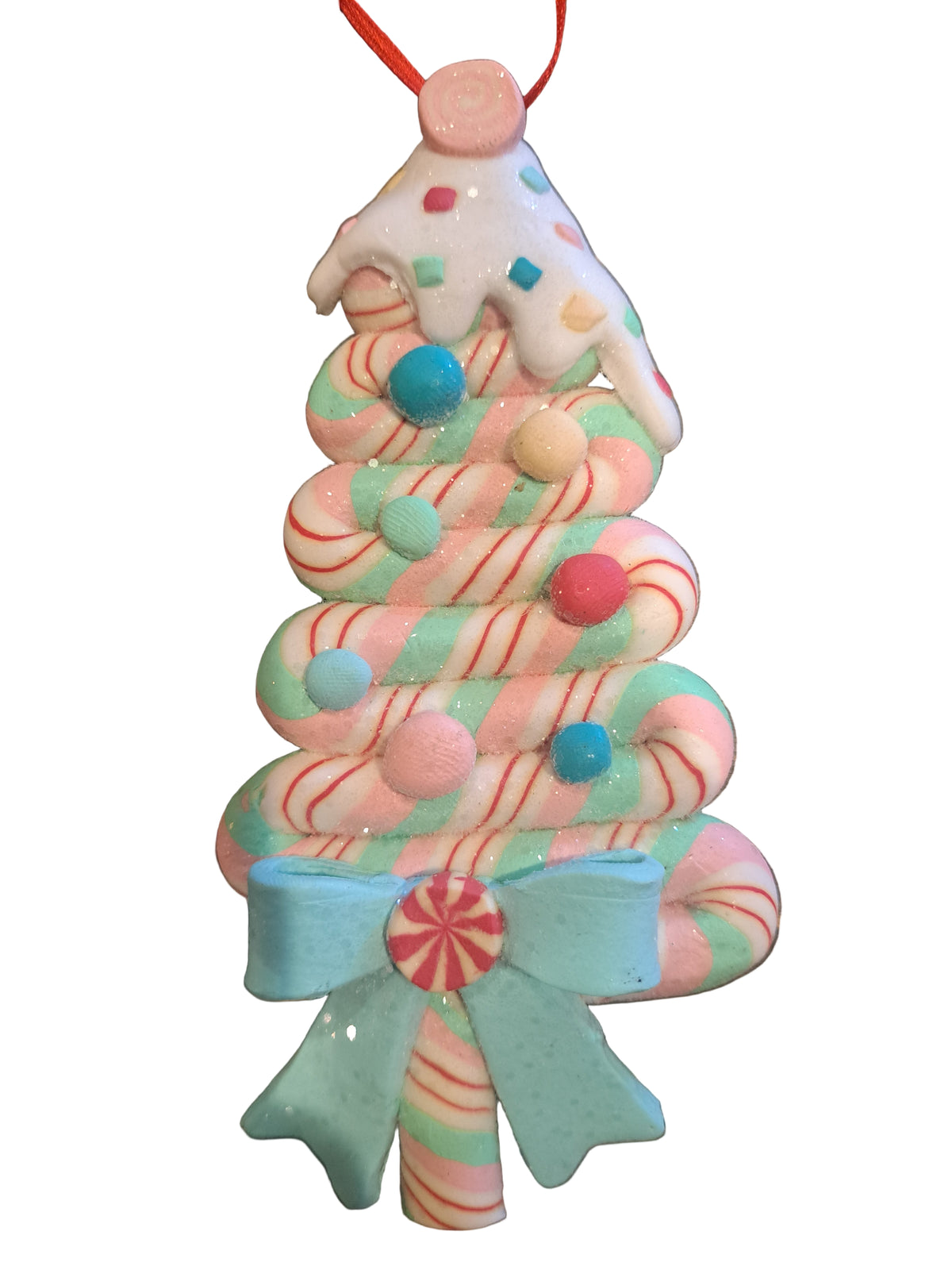 Christmas tree shaped ornament fashioned to look like it is made out of candy and icing.