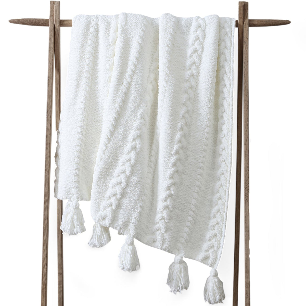 Off White Braided Pom Pom Throw